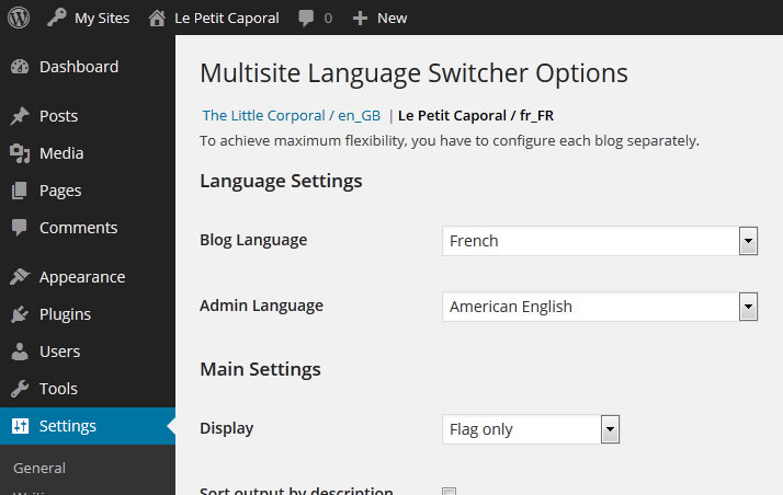 Configuration du plugin Multisite Language Switcher.
